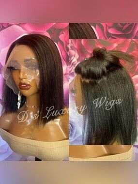 Whole Lace Yaki Straight Human Hair Chestnut Brown Highlights Bob Lace Front Wig